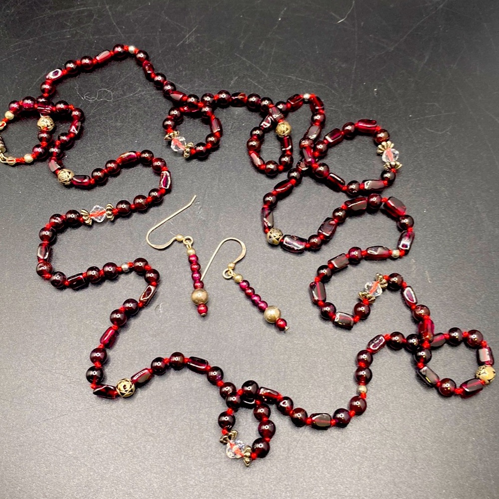 Long Garnet Necklace Earring Set